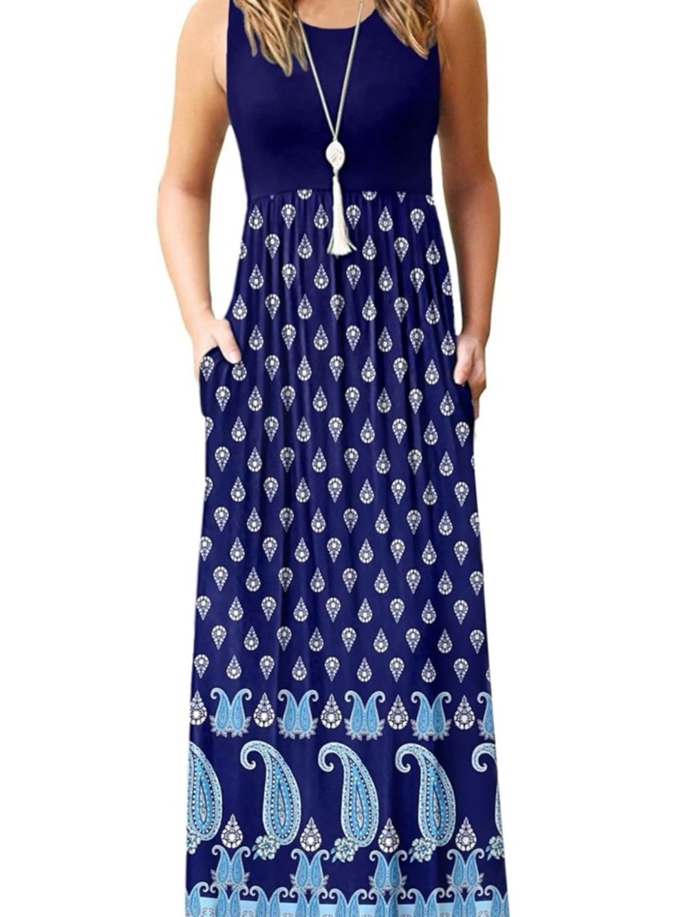 women navy blue sleeveless patterned maxi dress. It has POCKETS!